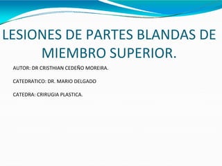 LESIONES DE PARTES BLANDAS DE
MIEMBRO SUPERIOR.
AUTOR: DR CRISTHIAN CEDEÑO MOREIRA.
CATEDRATICO: DR. MARIO DELGADO
CATEDRA: CRIRUGIA PLASTICA.
 