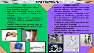 • RICE:
➢ Reposo: Disminuya sus actividades regulares
y descanse el área lesionada.
➢ Hielo: Ponga una compresa de hielo en el área
lesionada por 20 minutos, de cuatro a ocho
veces al día.
➢ Compresión: Ponga presión o compresiones
sobre el área adolorida para ayudar a reducir la
hinchazón.
➢ Elevación: Ponga el área lesionada sobre una
almohada, y asegúrese de que quede a un nivel
más alto que su corazón.
• MÉTODOS ALTERNOS:
➢ Medicamentos antiinflamatorios no esteroides,
como la aspirina o el ibuprofeno, pueden
disminuir la hinchazón y el dolor.
➢ La inmovilización ayuda a mantener el área
lesionada sin movimiento y previene mayor
daño. Generalmente se utiliza para inmovilizar
cabestrillos, tablillas o yesos.
➢ La cirugía, en algunos casos, es necesaria para
corregir las lesiones deportivas.
➢ La rehabilitación y el ejercicio son una parte
importante del tratamiento.
➢ Reposar después de una lesión es parte
importante del proceso para sanar.
 