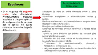 • En el esguince de Segundo
grado debe descartarse
PRIMERAMENTE fracturas
asociadas a la ruptura parcial
de los ligamentos. La persona
por lo general no puede
continuar la marcha después
del accidente.
Esguinces
-Aplicación de hielo de forma inmediata sobre la zona
afectada.
-Suministrar analgésicos y antiinflamatorios orales y
tópicos.
-Realizar vendajes de compresión si observa sangramiento.
-Realizar vendajes funcionales.
-Masajes que faciliten la circulación.
-Ejercicios de movilidad articular para evitar la rigidez de los
tendones.
- Elevar la zona afectada por encima del corazón para
mejorar el retorno venoso.
- Pasados los 6-8 días iniciar el fortalecimiento de la
musculatura periférica del tobillo.
- Tratamiento de electroestimulación, ultrasonido
terapéutico, termoterapia etc.
- -Algunos especialistas recomiendan inmovilización de la
articulación con una férula o yeso.
Recomendaciones
terapéuticas
 