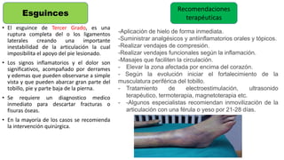 • El esguince de Tercer Grado, es una
ruptura completa del o los ligamentos
laterales creando una importante
inestabilidad de la articulación la cual
imposibilita el apoyo del pie lesionado.
• Los signos inflamatorios y el dolor son
significativos, acompañado por derrames
y edemas que pueden observarse a simple
vista y que pueden abarcar gran parte del
tobillo, pie y parte baja de la pierna.
• Se requiere un diagnostico medico
inmediato para descartar fracturas o
fisuras óseas.
• En la mayoría de los casos se recomienda
la intervención quirúrgica.
Esguinces
Recomendaciones
terapéuticas
-Aplicación de hielo de forma inmediata.
-Suministrar analgésicos y antiinflamatorios orales y tópicos.
-Realizar vendajes de compresión.
-Realizar vendajes funcionales según la inflamación.
-Masajes que faciliten la circulación.
- Elevar la zona afectada por encima del corazón.
- Según la evolución iniciar el fortalecimiento de la
musculatura periférica del tobillo.
- Tratamiento de electroestimulación, ultrasonido
terapéutico, termoterapia, magnetoterapia etc.
- -Algunos especialistas recomiendan inmovilización de la
articulación con una férula o yeso por 21-28 días.
 