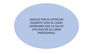 GRACIAS POR SU ATENCION
DUARNTE TODO EL CURSO
ESPERAMOS QUE LE SEA DE
UTILIDAD EN SU LABOR
PROFESIONAL
 