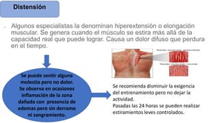  Algunos especialistas la denominan hiperextensión o elongación
muscular. Se genera cuando el músculo se estira más allá de la
capacidad real que puede lograr. Causa un dolor difuso que perdura
en el tiempo.
Distensión
Se puede sentir alguna
molestia pero no dolor.
Se observa en ocasiones
inflamación de la zona
dañada con presencia de
edemas pero sin derrame
ni sangramiento.
Se recomienda disminuir la exigencia
del entrenamiento pero no dejar la
actividad.
Pasadas las 24 horas se pueden realizar
estiramientos leves controlados.
 