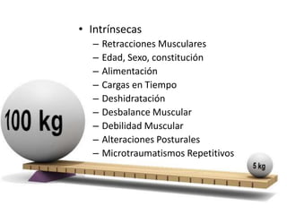 • Intrínsecas 
– Retracciones Musculares 
– Edad, Sexo, constitución 
– Alimentación 
– Cargas en Tiempo 
– Deshidratación 
– Desbalance Muscular 
– Debilidad Muscular 
– Alteraciones Posturales 
– Microtraumatismos Repetitivos 
 