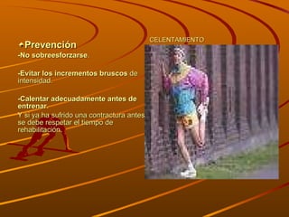 Prevención -No sobreesforzarse . -Evitar los incrementos bruscos  de intensidad. -Calentar adecuadamente antes de entrenar . Y si ya ha sufrido una contractura antes se debe respetar el tiempo de rehabilitación. CELENTAMIENTO  