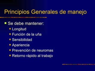 Principios Generales de manejo
   Se debe mantener:
       Longitud
       Función de la uña
       Sensibilidad
       Apariencia
       Prevención de neuromas
       Retorno rápido al trabajo
 
