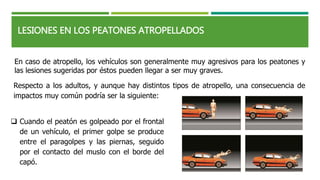 LESIONES EN LOS PEATONES ATROPELLADOS
En caso de atropello, los vehículos son generalmente muy agresivos para los peatones y
las lesiones sugeridas por éstos pueden llegar a ser muy graves.
Respecto a los adultos, y aunque hay distintos tipos de atropello, una consecuencia de
impactos muy común podría ser la siguiente:
 Cuando el peatón es golpeado por el frontal
de un vehículo, el primer golpe se produce
entre el paragolpes y las piernas, seguido
por el contacto del muslo con el borde del
capó.
 