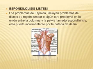 


ESPONDILOLISIS LISTESI
Los problemas de Espalda, incluyen problemas de
discos de región lumbar o algún otro problema en la
unión entre la columna y la pelvis llamado espondilólisis,
esta puede incrementarse por la patada de delfín.

 