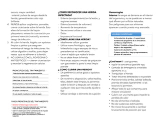 oscuro, mayor cantidad.
- arterial: pulsos de sangre desde la
herida, generalmente color rojo
brillante.
4. NUNCA aplicar ungüentos, pomadas,
crema cicatrizante sobre la herida. Esto
altera la formación del tapón
plaquetario, retrasa la cicatrización por
primera intención (natural) y aumenta
riesgo de infección.
5. Al cubrir la herida, hágalo con apósitos
limpios o paños que aseguren
minimizar el riesgo de infecciones. No
utilizar algodón o toallas, pues dejan
restos que se adhieren a la herida.
6. NO USAR ALCOHOL, POVIDONA O
ANTISEPTICOS —> alteran cicatrización
y retardan la regeneración celular.
¿COMO RECONOCER UNA HERIDA
INFECTADA?
- Eritema (enrojecimiento) en la lesión, y
regiones anexas
- Edema (aumento de volumen)
- Aumento de temperatura
- Secreciones turbias o viscosas
- Dolor
- Impotencia funcional
¿COMO LAVAR UNA HERIDA?
- idealmente utilizar guantes
- Utilizar suero
fi
siológico, agua
bidestilada o agua excepto de ríos o
precedencias no certi
fi
cadas.
- Lavar el tejido que rodea la lesión
- No se debe frotar la herida
- Para secar, toques a modo de palpación
con gasa estéril o paño lo mas limpio
posible
¿ COMO CUBRIR UNA HERIDA?
- De preferencia utilice gasas o apósitos
esteriles
- De no tener a disposición, utilice toallas,
telas, deben estar limpias, la ponemos
sobre la lesión y después con vendas o
cualquier cosa que nos pueda ayudar a
fi
jar
- Utilizar vendaje o elemento de sujeción
Hemorragias
Interna: la sangre se derrama en el interior
del organismo y no se puede ver a menos
qué a
fl
oren por ori
fi
cios naturales.
Son peligrosas pues sus síntomas
aparecen cuando ya esta muy avanzada.
¿Qué hacer? - usar guantes.
- vigilar la conciencia (posible rcp)
- Llamada de emergencia o traslado
oportuno a s.u.
- Tranquilizar al herido
- Tratar lesiones detectadas si es posible
- Posicionar boca arriba, cabeza ladeada,
piernas elevadas ligeramente si las
lesiones lo permiten.
- A
fl
ojar todo lo que comprima, para
mejorar circulación
- Cubrir con una manta para impedir la
perdida de calor
- No dar alimentos o bebidas
- No dar sustancias estimulantes
- No mover bruscamente o cambiar
bruscamente de posición por que
 