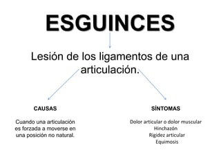 ESGUINCES
Lesión de los ligamentos de una
articulación.

CAUSAS

SÍNTOMAS

Cuando una articulación
es forzada a moverse en
una posición no natural.

Dolor articular o dolor muscular
Hinchazón
Rigidez articular
Equimosis

 