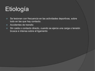 Etiología
 Se lesionan con frecuencia en las actividades deportivas, sobre
todo en las que hay contacto.
 Accidentes de transito
 Sin caida o contacto directo, cuando se ejerce una carga o tensión
brusca e intensa sobre el ligamento
 