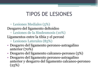 TIPOS DE LESIONES
▫ Lesiones Mediales (5%)
Desgarro del ligamento deltoideo
▫ Lesiones de la Sindesmosis (10%)
Ligamentos entre la tibia y el peroné
▫ Lesiones Laterales (85%)
• Desgarro del ligamento peroneo-astragalino
anterior (70%)
• Desgarro del ligamento calcaneo-peroneo (5%)
• Desgarro del ligamento peroneo-astragalino
anterior y desgarro del ligamento calcaneo-peroneo
(25%)
 