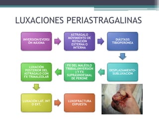 LUXACIONES PERIASTRAGALINAS
INVERSION/EVERSI
ÓN MÁXIMA
ASTRÁGALO
MOVIMIENTO DE
ROTACIÓN
EXTERNA O
INTERNA
DIÁSTASIS
TIBIOPERONEA
DESPLAZAMIENTO-
SUBLUXACIÓN
FX DEL MALÉOLO
TRIBIAL(INVERSIÓN
) Y FX
SUPRASINDESMAL
DE PERONÉ
LUXACIÓN
POSTERIOR DEL
ASTRÁGALO CON
FX TRIMALEOLAR
LUXACIÓN LAT. INT
O EXT.
LUXOFRACTURA
EXPUESTA
 