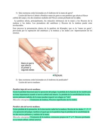 1) Que esctuturas están lesionadas en el síndrome de la mano de garra?
        Lesión del Nervio Cubital o Parálisis mano ...