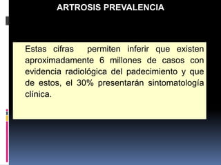 Estas cifras permiten inferir que existen
aproximadamente 6 millones de casos con
evidencia radiológica del padecimiento y que
de estos, el 30% presentarán sintomatología
clínica.
ARTROSIS PREVALENCIA
 