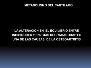 LA ALTERACION EN EL EQUILIBRIO ENTRE
INHIBIDORES Y ENZIMAS DEGRADADORAS ES
UNA DE LAS CAUSAS DE LA OSTEOARTRITIS
METABOLISMO DEL CARTILAGO
 