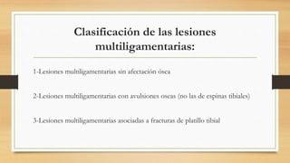 Clasificación de las lesiones
multiligamentarias:
1-Lesiones multiligamentarias sin afectación ósea
2-Lesiones multiligamentarias con avulsiones oseas (no las de espinas tibiales)
3-Lesiones multiligamentarias asociadas a fracturas de platillo tibial
 