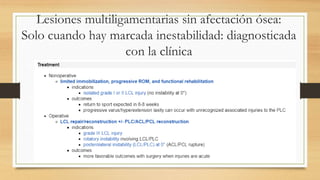 Lesiones multiligamentarias sin afectación ósea:
Solo cuando hay marcada inestabilidad: diagnosticada
con la clínica
 