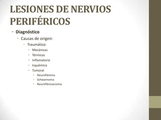 LESIONES DE NERVIOS
PERIFÉRICOS
• Diagnóstico
  • Causas de origen:
     • Traumático
       •   Mecánicas
       •   Térmicas
       •   Inflamatorio
       •   Isquémico
       •   Tumoral
           • Neurofibroma
           • Schwannoma
           • Neurofibrosarcoma
 