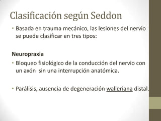 Clasificación según Seddon
• Basada en trauma mecánico, las lesiones del nervio
  se puede clasificar en tres tipos:

Neuropraxia
• Bloqueo fisiológico de la conducción del nervio con
  un axón sin una interrupción anatómica.

• Parálisis, ausencia de degeneración walleriana distal.
 