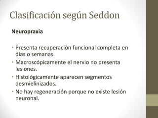 Clasificación según Seddon
Neuropraxia

• Presenta recuperación funcional completa en
  días o semanas.
• Macroscópicamente el nervio no presenta
  lesiones.
• Histológicamente aparecen segmentos
  desmielinizados.
• No hay regeneración porque no existe lesión
  neuronal.
 