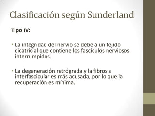 Clasificación según Sunderland
Tipo IV:

• La integridad del nervio se debe a un tejido
  cicatricial que contiene los fascículos nerviosos
  interrumpidos.

• La degeneración retrógrada y la fibrosis
  interfascicular es más acusada, por lo que la
  recuperación es mínima.
 