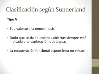 Clasificación según Sunderland
Tipo V

• Equivalente a la neurotmesis.

• Dado que se da en lesiones abiertas siempre está
  indicada una exploración quirúrgica.

• La recuperación funcional espontánea no existe.
 