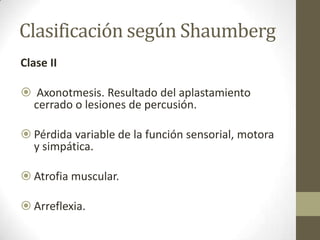 Clasificación según Shaumberg
Clase II

 Axonotmesis. Resultado del aplastamiento
 cerrado o lesiones de percusión.

 Pérdida variable de la función sensorial, motora
  y simpática.

 Atrofia muscular.

 Arreflexia.
 