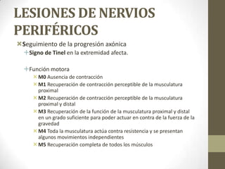 LESIONES DE NERVIOS
PERIFÉRICOS
Seguimiento de la progresión axónica
  Signo de Tinel en la extremidad afecta.

  Función motora
      M0 Ausencia de contracción
      M1 Recuperación de contracción perceptible de la musculatura
       proximal
      M2 Recuperación de contracción perceptible de la musculatura
       proximal y distal
      M3 Recuperación de la función de la musculatura proximal y distal
       en un grado suficiente para poder actuar en contra de la fuerza de la
       gravedad
      M4 Toda la musculatura actúa contra resistencia y se presentan
       algunos movimientos independientes
      M5 Recuperación completa de todos los músculos
 