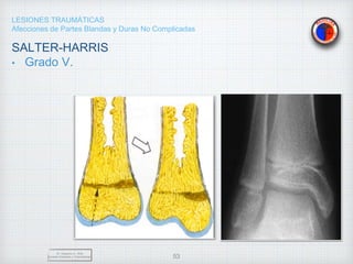 LESIONES TRAUMÁTICAS
Afecciones de Partes Blandas y Duras No Complicadas
SALTER-HARRIS
• Grado V.
Dr. Vejarano A., Willy
Docente Ortopedia y Traumatología 53
 