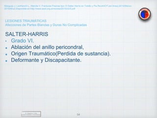 LESIONES TRAUMÁTICAS
Afecciones de Partes Blandas y Duras No Complicadas
SALTER-HARRIS
• Grado VI.
Ablación del anillo pericondral,
Origen Traumático(Perdida de sustancia).
Deformante y Discapacitante.
Dr. Vejarano A., Willy
Docente Ortopedia y Traumatología 54
Masguijo J, Lanfranchi L, Allende V. Fracturas Fisarias tipo VI Salter Harris en Tobillo y Pie.RevAAOT.(en linea).2014(Marzo-
2019)Nro2.Disponible en:http://www.aaot.org.ar/revista/2015/n2/5.pdf
 