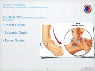 LESIONES TRAUMÁTICAS
Afecciones de Partes Blandas y Duras No Complicadas
ESGUINCES (DEPENDIENDO DEL GRADO
DE RUPTURA)
• Primer Grado:
• Segundo Grado:
• Tercer Grado:
Dr. Vejarano A., Willy
Docente Ortopedia y Traumatología
9
 
