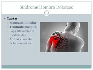 Síndrome Hombro Doloroso
 Causas
 Manguito Rotador
 Tendinitis bicipital
 Capsulitas adhesiva
 Inestabilidad
 Acromioclavicular
 Dolores referidos
 
