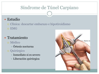 Síndrome de Túnel Carpiano
 Estudio
 Clínica: descartar embarazo e hipotiroidismo
 EMG
 Tratamiento
 Médico
 Órtesis nocturna
 Quirúrgico
 Inmediato si es severo
 Liberación quirúrgica
 