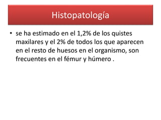 Histopatología
• se ha estimado en el 1,2% de los quistes
maxilares y el 2% de todos los que aparecen
en el resto de huesos en el organismo, son
frecuentes en el fémur y húmero .

 