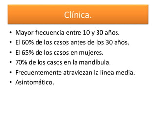 Clínica.
•
•
•
•
•
•

Mayor frecuencia entre 10 y 30 años.
El 60% de los casos antes de los 30 años.
El 65% de los casos en mujeres.
70% de los casos en la mandíbula.
Frecuentemente atraviezan la línea media.
Asintomático.

 