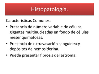 Histopatología.
Características Comunes:
• Presencia de número variable de células
gigantes multinucleadas en fondo de células
mesenquimatosas.
• Presencia de extravasación sanguínea y
depósitos de hemosiderina.
• Puede presentar fibrosis del estroma.

 