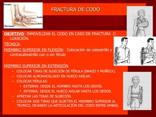 FRACTURA DE CODO OBJETIVO : INMOVILIZAR EL CODO EN CASO DE FRACTURA  O LUXACIÓN. TÉCNICA : MIEMBRO SUPERIOR EN FLEXIÓN :  Colocación de cabestrillo y contracabestrillo con o sin férula MIEMBRO SUPERIOR EN EXTENSIÓN COLOCAR TIRAS DE SUJECIÓN DE FÉRULA (BRAZO Y MUÑECA). COLOCAR ALMOHADILLADO EN HUECO AXILAR. COLOCAR FÉRULAS: EXTERNA: DESDE EL HOMBRO HASTA LOS DEDOS. INTERNA: DESDE EL HUECO AXILAR HASTA LOS DEDOS. APRETAR LAS TIRAS DE SUJECIÓN. COLOCAR DOS TIRAS QUE SUJETEN EL MIEMBRO SUPERIOR AL TRONCO, DEJANDO LA ARTICULACIÓN DEL CODO ENTRE AMBAS. 