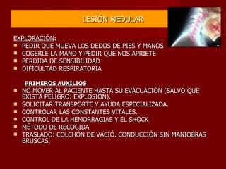 LESIÓN MEDULAR EXPLORACIÓN : PEDIR QUE MUEVA LOS DEDOS DE PIES Y MANOS COGERLE LA MANO Y PEDIR QUE NOS APRIETE PERDIDA DE SENSIBILIDAD DIFICULTAD RESPIRATORIA PRIMEROS AUXILIOS NO MOVER AL PACIENTE HASTA SU EVACUACIÓN (SALVO QUE EXISTA PELIGRO: EXPLOSIÓN). SOLICITAR TRANSPORTE Y AYUDA ESPECIALIZADA. CONTROLAR LAS CONSTANTES VITALES. CONTROL DE LA HEMORRAGIAS Y EL SHOCK MÉTODO DE RECOGIDA TRASLADO: COLCHÓN DE VACIÓ. CONDUCCIÓN SIN MANIOBRAS BRUSCAS. 
