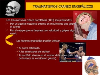 TRAUMATISMOS CRANEO ENCEFÁLICOS Los traumatismos cráneo encefálicos (TCE) son producidos: Por un agente mecánico externo en movimiento que golpea el cuerpo Por el cuerpo que se desplaza con velocidad y golpea algo móvil. Las lesiones producidas pueden afectar Al cuero cabelludo. A las estructuras del cráneo Al encéfalo situado en el interior del cráneo (este tipo de lesiones se consideran graves) 