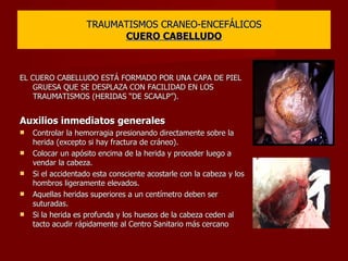 TRAUMATISMOS CRANEO-ENCEFÁLICOS CUERO CABELLUDO EL CUERO CABELLUDO ESTÁ FORMADO POR UNA CAPA DE PIEL GRUESA QUE SE DESPLAZA CON FACILIDAD EN LOS TRAUMATISMOS (HERIDAS “DE SCAALP”).  Auxilios inmediatos generales Controlar la hemorragia presionando directamente sobre la herida (excepto si hay fractura de cráneo). Colocar un apósito encima de la herida y proceder luego a vendar la cabeza. Si el accidentado esta consciente acostarle con la cabeza y los hombros ligeramente elevados. Aquellas heridas superiores a un centímetro deben ser suturadas. Si la herida es profunda y los huesos de la cabeza ceden al tacto acudir rápidamente al Centro Sanitario más cercano 