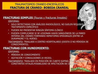 TRAUMATISMOS CRANEO-ENCEFÁLICOS FRACTURA DE CRANEO- BOBEDA CRANEAL FRACTURAS SIMPLES  (fisuras y fracturas lineales) SÍNTOMAS: SOLO DETECTADAS CON ANÁLISIS RADIOLÓGICO, NO SUELEN REQUERIR TRATAMIENTO ESPECÍFICO PUEDEN NO PRESENTAR NINGÚN SÍNTOMA CLÍNICO PUEDEN COMPLICARSE SI SE LESIONAN VASOS SANGUÍNEOS DE LA PARED INTERNA DEL CRÁNEO FORMANDO HEMATOMAS EPIDURALES (ENTRE LA DURAMADRE Y EL HUESO) TRATAMIENTO : TRASLADO A CENTRO HOSPITALARIO (EXISTA O NO PÉRDIDA DE CONOCIMIENTO). FRACTURAS CON HUNDIMIENTO: SÍNTOMAS: PÉRDIDA DE CONOCIMIENTO AGITACIÓN Y CONVULSIONES (A VECES). TRATAMIENTO : TRASLADO EN POSICIÓN DE CUBITO SUPINO, CONTROLANDO LAS CONSTANTES VITALES.POSIBILIDAD DE AFECTACIÓN DE COLUMNA   