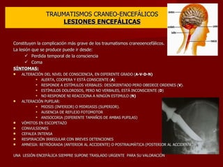TRAUMATISMOS CRANEO-ENCEFÁLICOS LESIONES ENCEFÁLICAS Constituyen la complicación más grave de los traumatismos craneoencefálicos. La lesión que se produce puede ir desde: Perdida temporal de la consciencia Coma SÍNTOMAS: ALTERACIÓN DEL NIVEL DE CONSCIENCIA, EN DIFERENTE GRADO ( A-V-D-N) ALERTA, COOPERA Y ESTÁ CONSCIENTE ( A ) RESPONDE A ESTÍMULOS VERBALES: DESORIENTADO PERO OBEDECE ORDENES ( V ). ESTÍMULOS DOLOROSOS, PERO NO VERBALES, ESTÁ INCONSCIENTE ( D ) NO RESPONDE NI REACCIONA A NINGÚN ESTIMULO ( N)  ALTERACIÓN PUPILAR: MIOSIS (INFERIOR) O MIDRIASIS (SUPERIOR). AUSENCIA DE REFLEJO FOTOMOTOR  ANISOCORIA (DIFERENTE TAMAÑOS DE AMBAS PUPILAS)  VÓMITOS EN ESCOPETAZO  CONVULSIONES  CEFALEA INTENSA RESPIRACIÓN IRREGULAR CON BREVES DETENCIONES  AMNESIA: RETRÓGRADA (ANTERIOR AL ACCIDENTE) O POSTRAUMÁTICA (POSTERIOR AL ACCIDENTE). UNA  LESIÓN ENCEFÁLICA SIEMPRE SUPONE TRASLADO URGENTE  PARA SU VALORACIÓN 