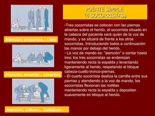 PUENTE SIMPLE  (4 SOCORRISTAS) Tres socorristas se colocan con las piernas abiertas sobre el herido, el socorrista situado en la cabeza del paciente será quién de la voz de mando, y se situará de frente a los otros socorristas. Introduciendo todos a continuación las manos por debajo del herido.  La voz de mando es: "atención" o contar hasta tres; los tres socorristas se enderezan manteniendo recta la espalda y levantando ligeramente al herido, respetando el bloque cabeza-cuello-tronco-piernas. - El cuarto socorrista desliza la camilla entre sus piernas y atendiendo a la voz de mando, los socorristas flexionan las rodillas manteniendo recta la espalda y depositan suavemente en bloque al herido. Atención, preparase... Listo Atención, levantar... Levanten Atención, colocar... Coloquen 