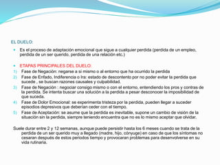 EL DUELO:
 Es el proceso de adaptación emocional que sigue a cualquier perdida (perdida de un empleo,
perdida de un ser querido, perdida de una relación etc.)
 ETAPAS PRINCIPALES DEL DUELO:
1) Fase de Negación: negarse a si mismo o al entorno que ha ocurrido la perdida
2) Fase de Enfado, Indiferencia o Ira: estado de descontento por no poder evitar la perdida que
sucede , se buscan razones causales y culpabilidad.
3) Fase de Negación : negociar consigo mismo o con el entorno, entendiendo los pros y contras de
la perdida. Se intenta buscar una solución a la perdida a pesar desconocer la imposibilidad de
que suceda.
4) Fase de Dolor Emocional: se experimenta tristeza por la perdida, pueden llegar a suceder
episodios depresivos que deberían ceder con el tiempo.
5) Fase de Aceptación: se asume que la perdida es inevitable, supone un cambio de visión de la
situación sin la perdida, siempre teniendo encuentra que no es lo mismo aceptar que olvidar.
Suele durar entre 2 y 12 semanas, aunque puede persistir hasta los 6 meses cuando se trata de la
perdida de un ser querido muy a llegado (madre, hijo, cónyuge) en caso de que los síntomas no
cesaran después de estos periodos tiempo y provocaran problemas para desenvolverse en su
vida rutinaria.
 