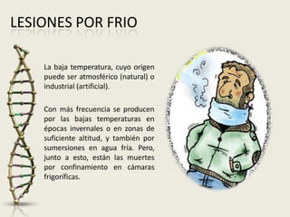 LESIONES POR FRIO
La baja temperatura, cuyo origen
puede ser atmosférico (natural) o
industrial (artificial).
Con más frecuencia se producen
por las bajas temperaturas en
épocas invernales o en zonas de
suficiente altitud, y también por
sumersiones en agua fría. Pero,
junto a esto, están las muertes
por confinamiento en cámaras
frigoríficas.
 