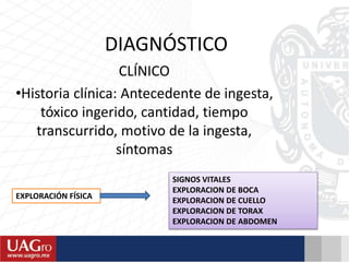 DIAGNÓSTICO
CLÍNICO
•Historia clínica: Antecedente de ingesta,
tóxico ingerido, cantidad, tiempo
transcurrido, motivo de la ingesta,
síntomas
EXPLORACIÓN FÍSICA
SIGNOS VITALES
EXPLORACION DE BOCA
EXPLORACION DE CUELLO
EXPLORACION DE TORAX
EXPLORACION DE ABDOMEN
 