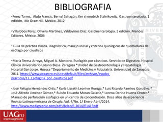 BIBLIOGRAFIA
•Perez Torres, Abdo Francis, Bernal Sahagún, Ker shenobich Stalnikowitz. Gastroenterología. 1
edición. Mc Graw Hill. México. 2012
•Villalobos Perez, Olivera Martinez, Valdovinos Diaz. Gastroenterologia. 5 edición. Mendez
Editores. México. 2006
• Guia de práctica clinica. Diagnóstico, manejo inicial y criterios quirúrgicos de quemaduras de
esófago por cáusticos
•María Teresa Arroyo, Miguel A. Montoro. Esofagitis por cáusticos. Servicio de Digestivo. Hospital
Clínico Universitario Lozano Blesa. Zaragoza *Unidad de Gastroenterología y Hepatología.
Hospital San Jorge. Huesca *Departamento de Medicina y Psiquiatría. Universidad de Zaragoza.
2011. https://www.aegastro.es/sites/default/files/archivos/ayudas-
practicas/13_Esofagitis_por_causticos.pdf
•José Refugio Hernández Ortiz,* Karla Lisseth Leonher Ruezga,* Luis Ricardo Ramírez González,*
José Alfredo Jiménez Gómez,* Rubén Eduardo Moran Galaviz,* Lorena Denise Huerta Orozco*
Manejo de perforación esofágica en un centro de concentración. Doce años de experiencia.
Revista Latinoamericana de Cirugía. Vol. 4/No. 1/ Enero-Abril/2014.
http://www.medigraphic.com/pdfs/felac/fl-2014/fl141f.pdf
 