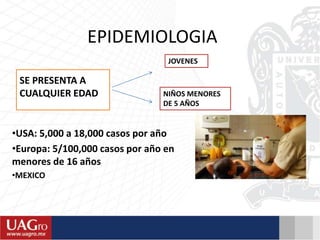 EPIDEMIOLOGIA
•USA: 5,000 a 18,000 casos por año
•Europa: 5/100,000 casos por año en
menores de 16 años
•MEXICO
SE PRESENTA A
CUALQUIER EDAD
JOVENES
NIÑOS MENORES
DE 5 AÑOS
 