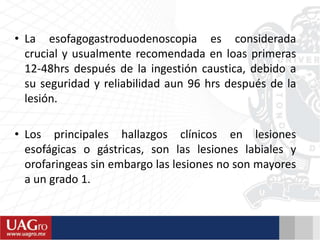 • La esofagogastroduodenoscopia es considerada
crucial y usualmente recomendada en loas primeras
12-48hrs después de la ingestión caustica, debido a
su seguridad y reliabilidad aun 96 hrs después de la
lesión.
• Los principales hallazgos clínicos en lesiones
esofágicas o gástricas, son las lesiones labiales y
orofaringeas sin embargo las lesiones no son mayores
a un grado 1.
 