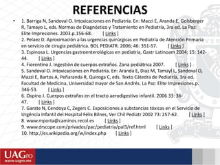 REFERENCIAS
• 1. Barriga N, Sandoval O. Intoxicaciones en Pediatría. En: Mazzi E, Aranda E, Golsberger
R, Tamayo L, eds. Normas de Diagnóstico y Tratamiento en Pediatría, 3ra ed. La Paz:
Elite Impresiones. 2003.p.156-68. [ Links ]
2. Pelaez D. Aproximación a las urgencias quirúrgicas en Pediatría de Atención Primaria
en servicio de cirugía pediátrica. BOL PEDIATR. 2006; 46: 351-57. [ Links ]
3. Espinosa L. Urgencias gastroenterológicas en pediatria, Gastr Latinoam 2004; 15: 142-
44. [ Links ]
4. Fiorentino J. Ingestión de cuerpos extraños. Zona pediátrica 2007. [ Links ]
5. Sandoval O. Intoxicaciones en Pediatria. En: Aranda E, Diaz M, Tamayl L, Sandoval O,
Mazzi E, Bartos A, Peñaranda R, Quiroga C, eds. Texto Cátedra de Pediatría, 3ra ed.
Facultad de Medicina, Universidad mayor de San Andrés. La Paz: Elite Impresiones.p.
346-53. [ Links ]
6. Ospino J. Cuerpos extraños en el tracto aerodigestivo infantil. 2006 33: 36-
47. [ Links ]
7. Garate N, Cendoya C, Zegers C. Exposiciones a substancias tóxicas en el Servicio de
Urgência Infantil del Hospital Félix Bilnes, Ver Chil Pediatr 2002 73: 257-62. [ Links ]
8. www.mporta@caminos.recol.es [ Links ]
9. www.drscope.com/privados/pac/pediatria/pal3/ref.html [ Links ]
10. http://es.wikipedia.org/w/index.php [ Links ]
 
